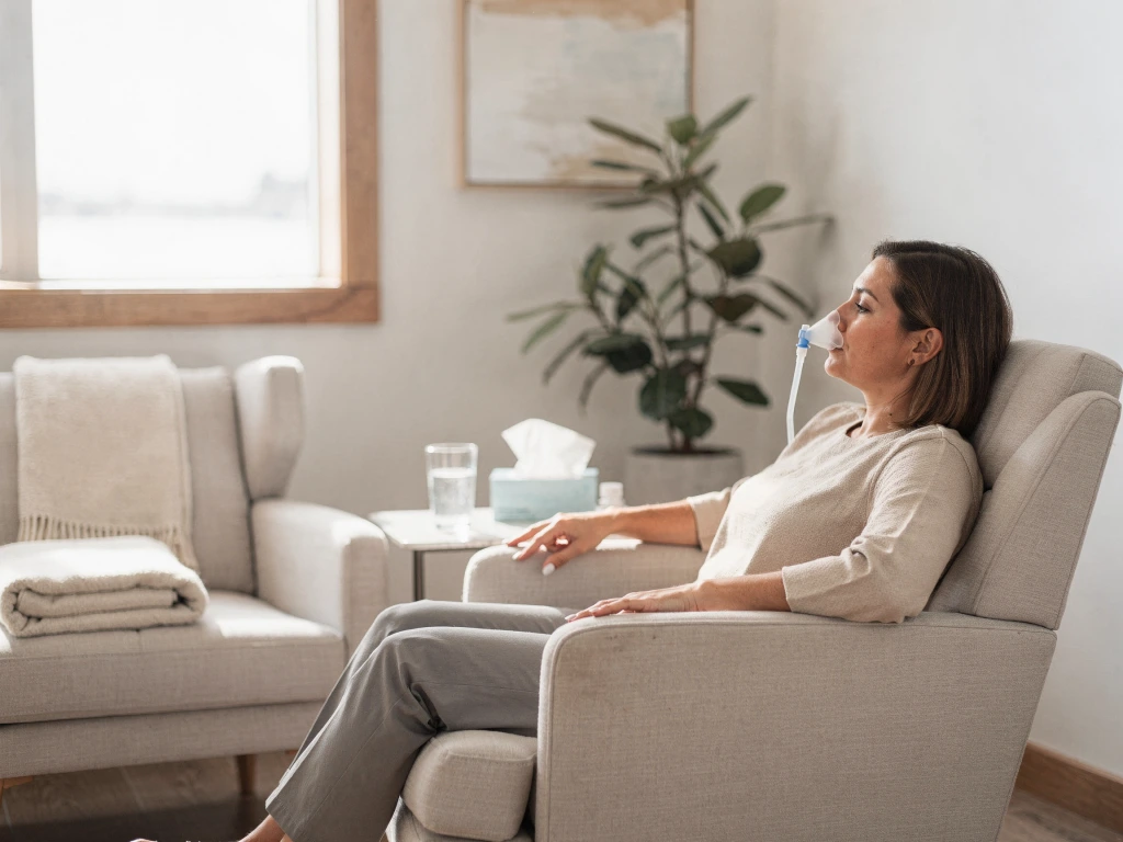 Patient receiving Spravato nasal treatment while seated in a comfortable clinical chair